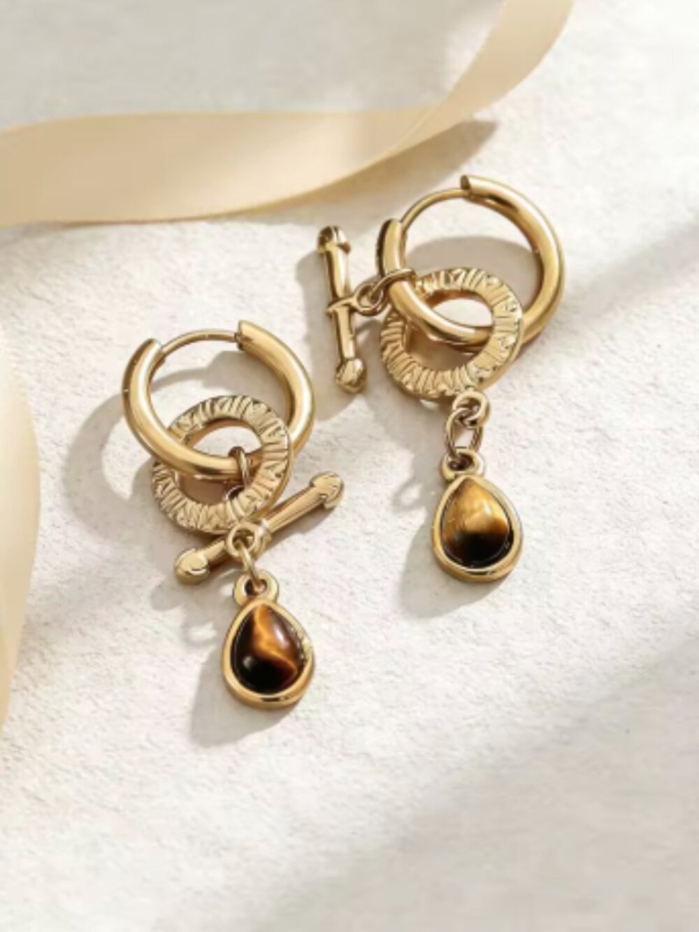Drop Earrings with Textured Hoop and Natural Stone Teardrop Pendant